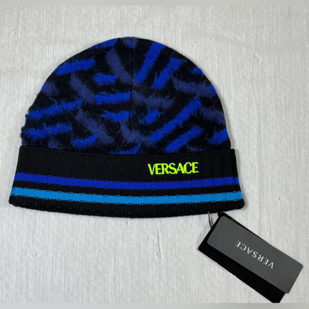 Versace Blue and Black Striped Beanie with Neon Logo